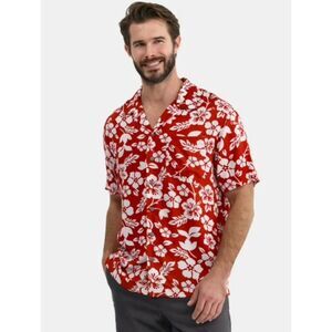 NEW NWT Mens Sz Large (42-44) Red Hawaiian Tropical Floral Print Button Up Shirt